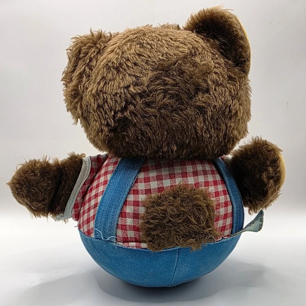 Fisher Price Plush Roly Poly Bear Brown Gingham Yellow Bib 719 7x6in